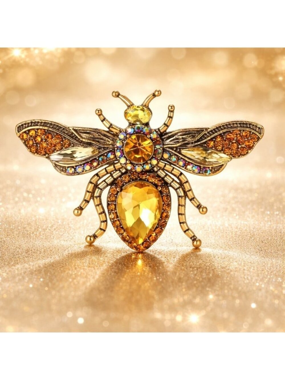 Vintage Gold Bee Brooch – Amber Crystal Insect Pin Statement Jewelry